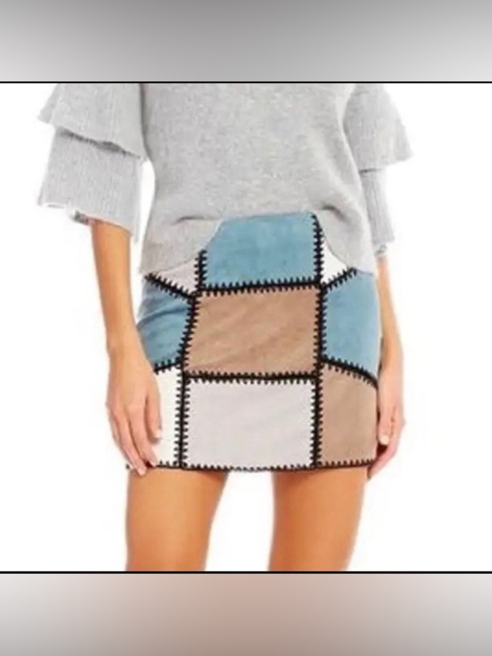 Gianni Bini faux suede Patchwork Mini Skirt - Blue, Tan & Light Gray